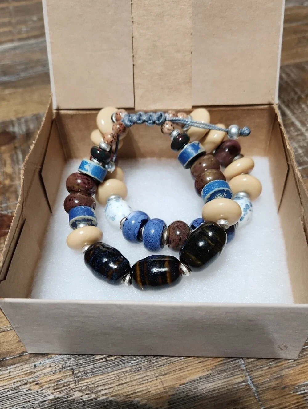 J Jill Multi-Bead Artisan Style Bracelet | Blue, Cream & Brown | Adjustable cord